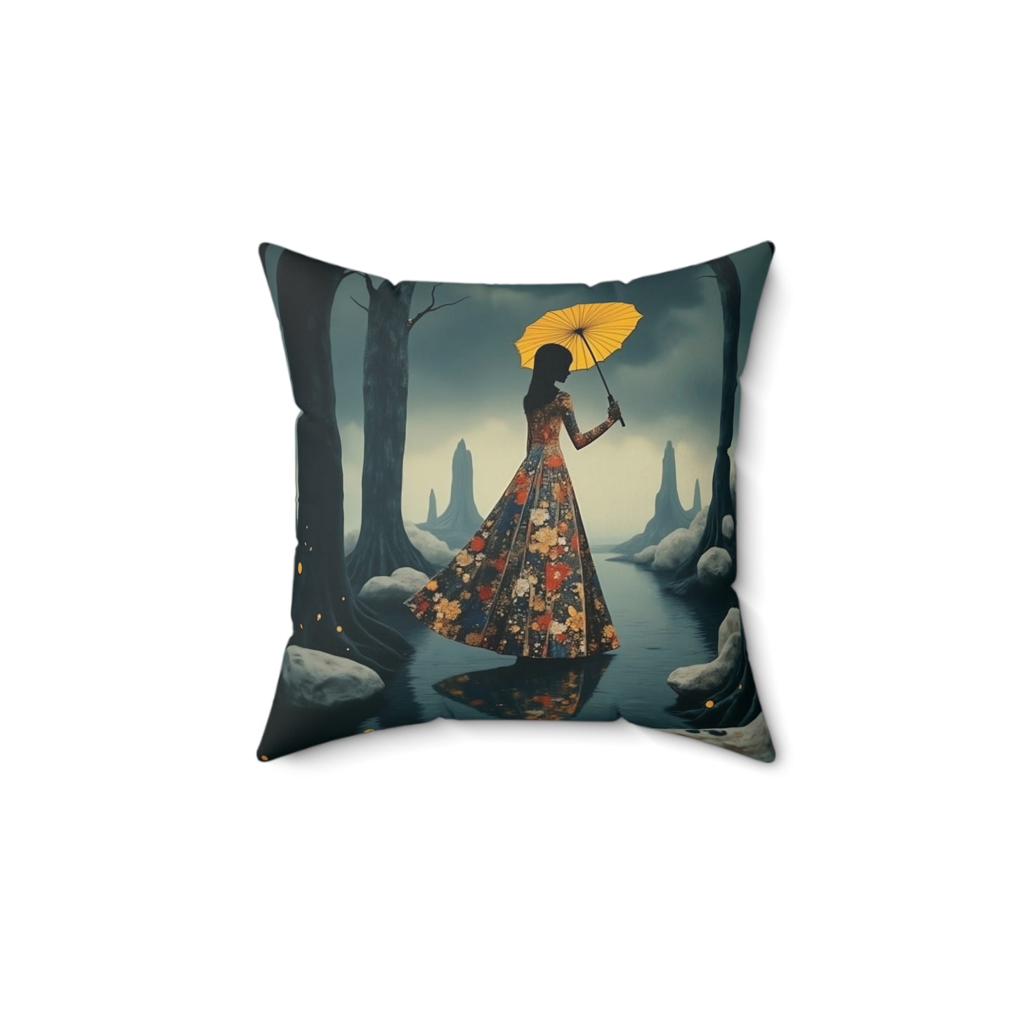 Yellow umbrella Square Pillow - by Fairyhill Studio
