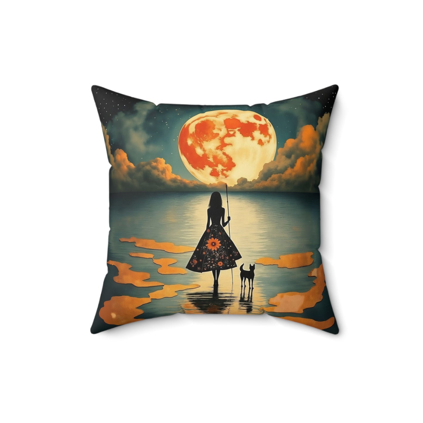Girl with a fullmoon balloon   Square Pillow - by Fairyhill Studio