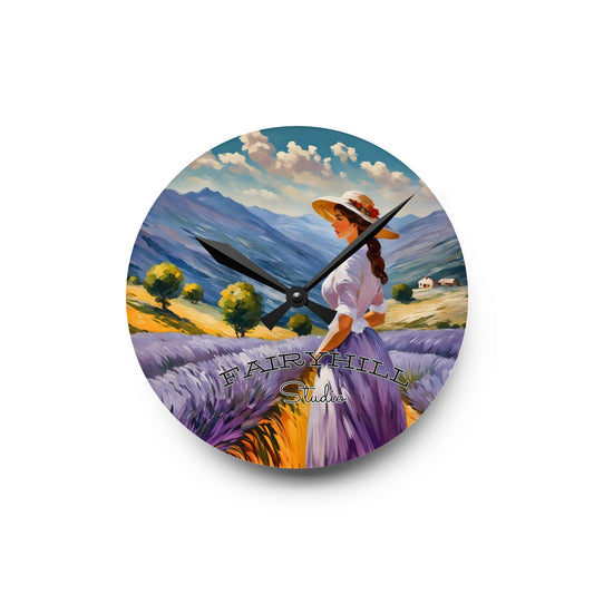 Wall Clock - Lovely Lady with Summer Hat Lavender Long Dress in Lavender Field Art by Fairyhill Studio