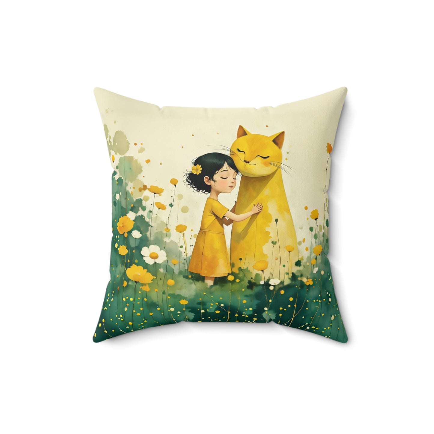 Girl with yellow cat Square Pillow - by Fairyhill Studio