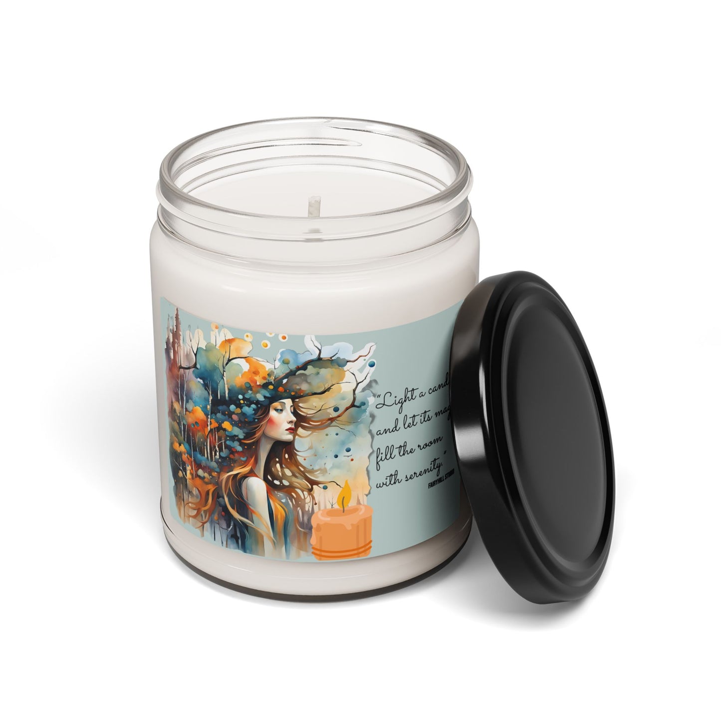 Soy Candle with a woman with hat and a magical quote