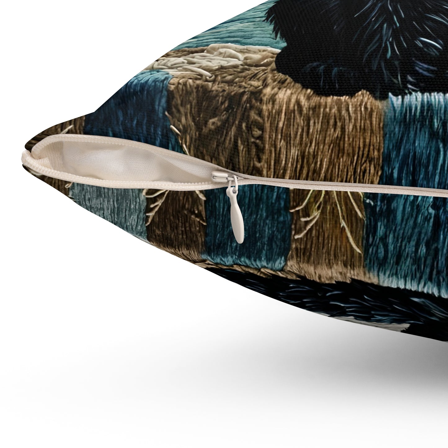 Square Pillow - Cute Black Cat Sitting on Wall Sea View Moonlight Design
