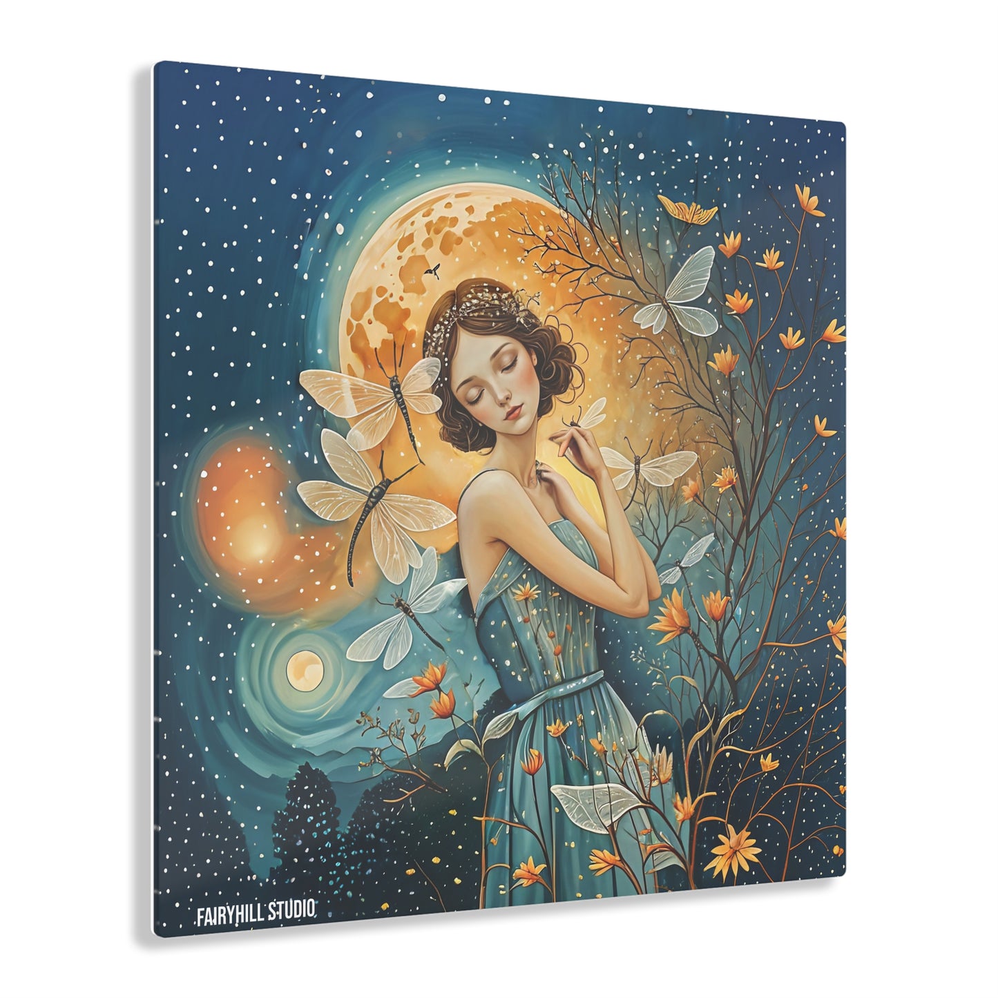 FairyHill Studio Night Dragonflies with a girl art Inspirational Art Acrylic Print -