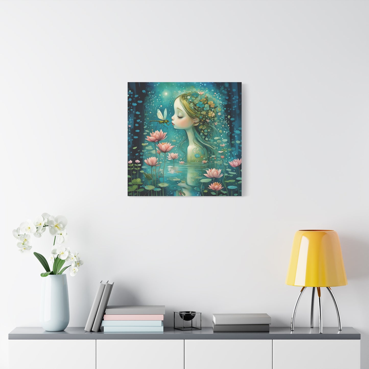 Whimsical Water  Fairy with a dragonfly Canvas Art - Enchanting Home Decor for Nature Lovers