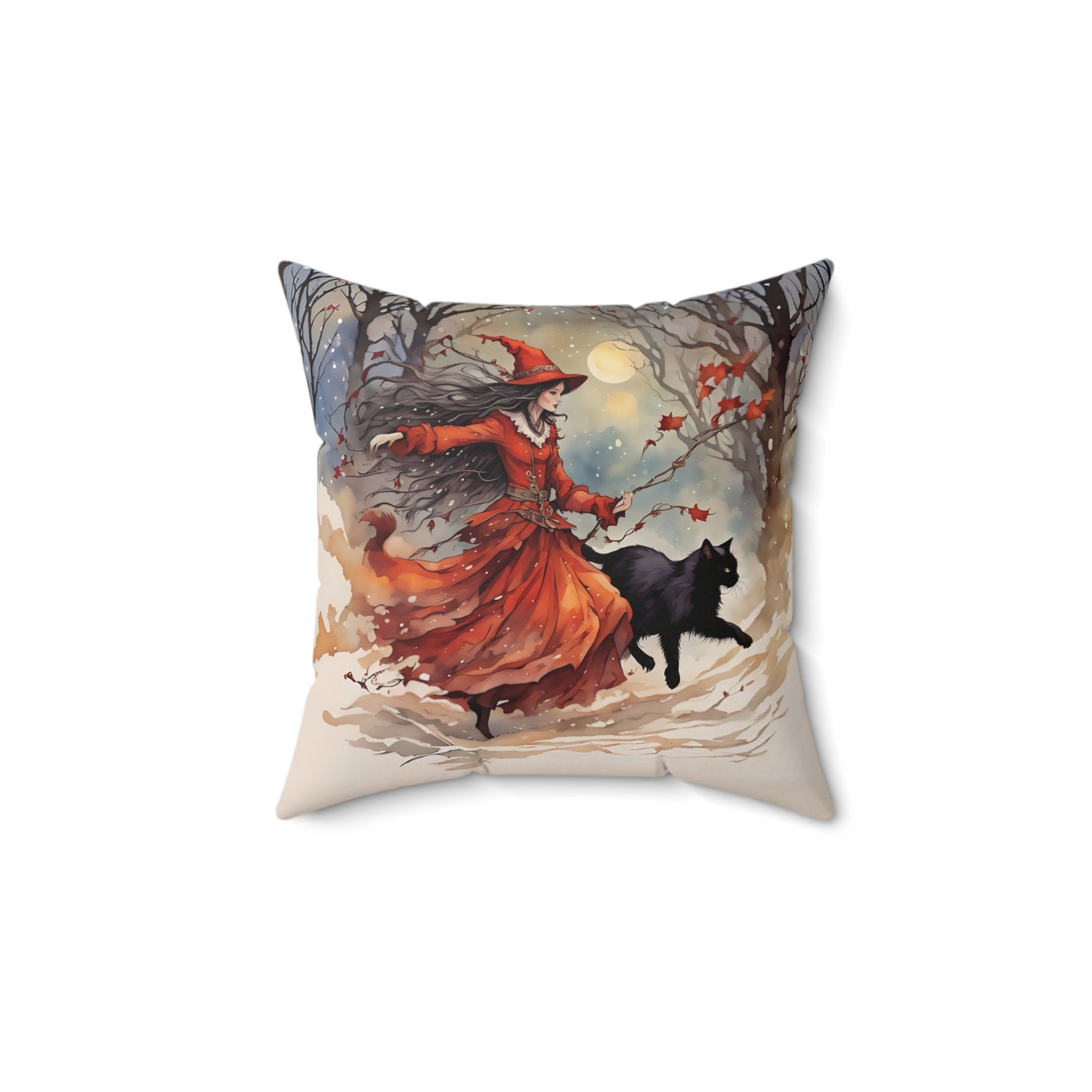 Crimson witch with black cat pillow Square Pillow - by Fairyhill Studio
