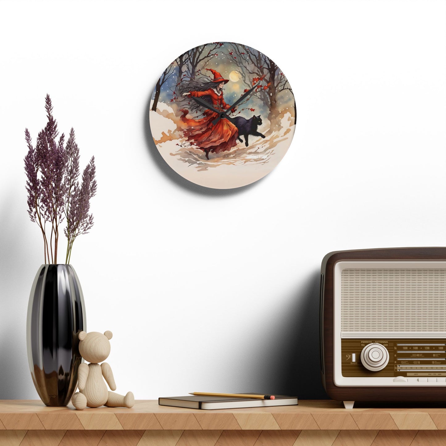 Acrylic Wall ClockThe Crimson Witch and black cat /Art