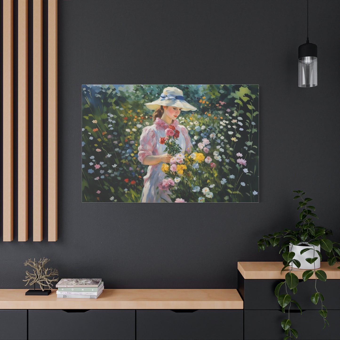 Canvas Art - Monet Style Floral Serenity with Elegant Woman and Flower Basket, Stretched Matte 1 25"