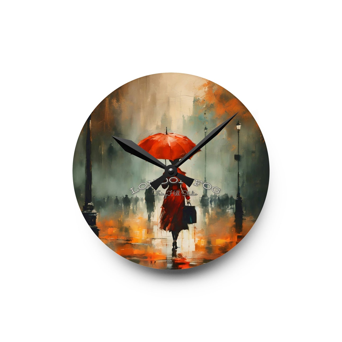 Wall Clock - Elegant Woman in Red Raincoat and Umbrella London Fog Art by Fairyhill Studio