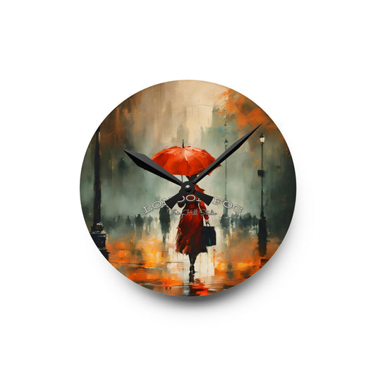 Wall Clock - Elegant Woman in Red Raincoat and Umbrella London Fog Art by Fairyhill Studio