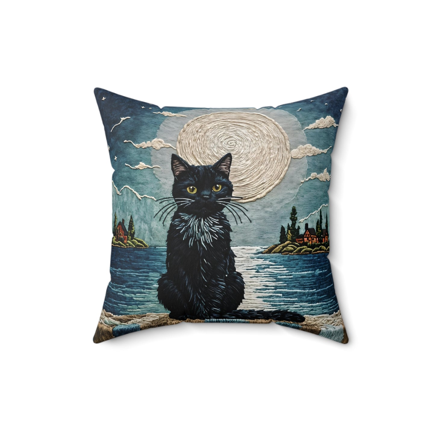 Square Pillow - Cute Black Cat Sitting on Wall Sea View Moonlight Design