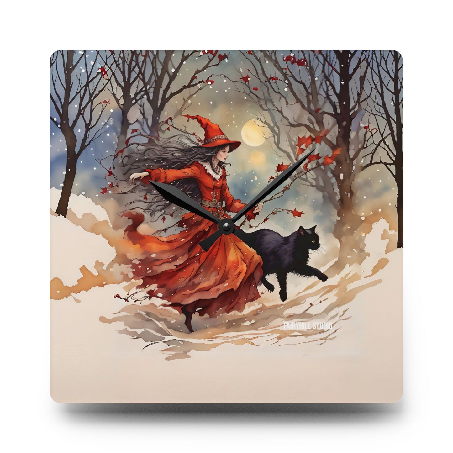 Acrylic Wall ClockThe Crimson Witch and black cat /Art