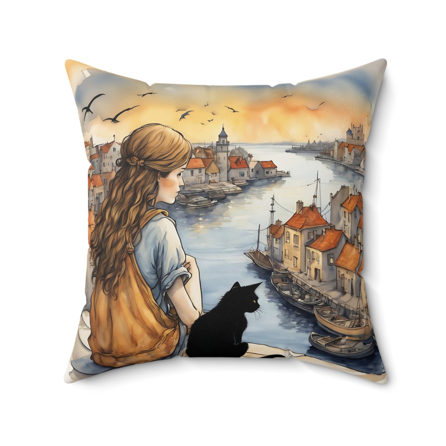 Girl with black cat Black cat on a balcony Square Pillow - by Fairyhill Studio