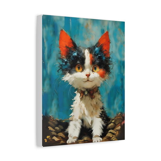 Whimsical cute Cat in aqua and orange colors Canvas Art  by FairyHill Studio