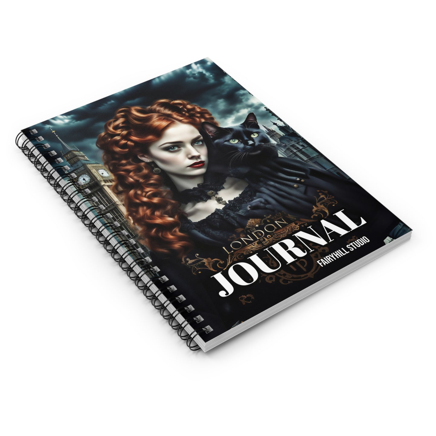 Ruled Line Journal - Gothic Woman with Black Cat in London Art