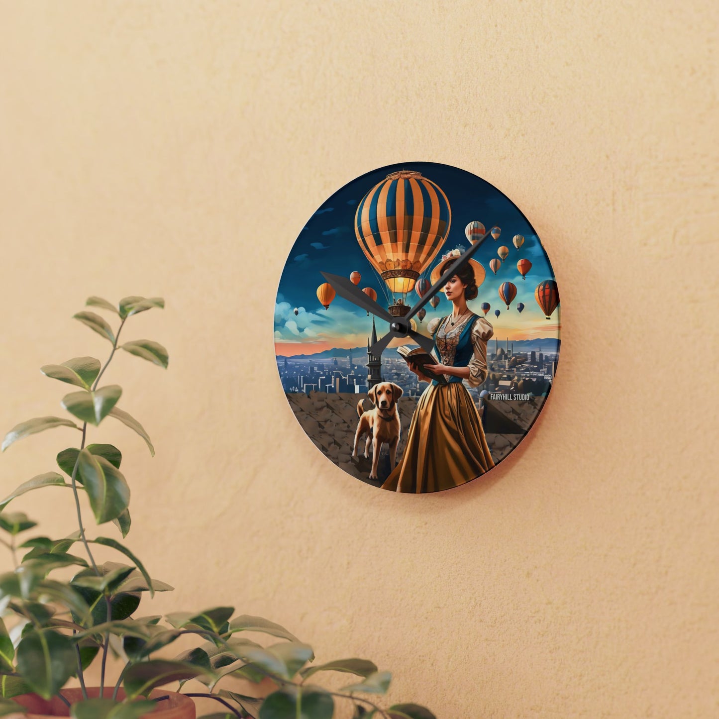 Wall Clock - Hot Air Balloons and Victorian Girl Reading with Dog Design