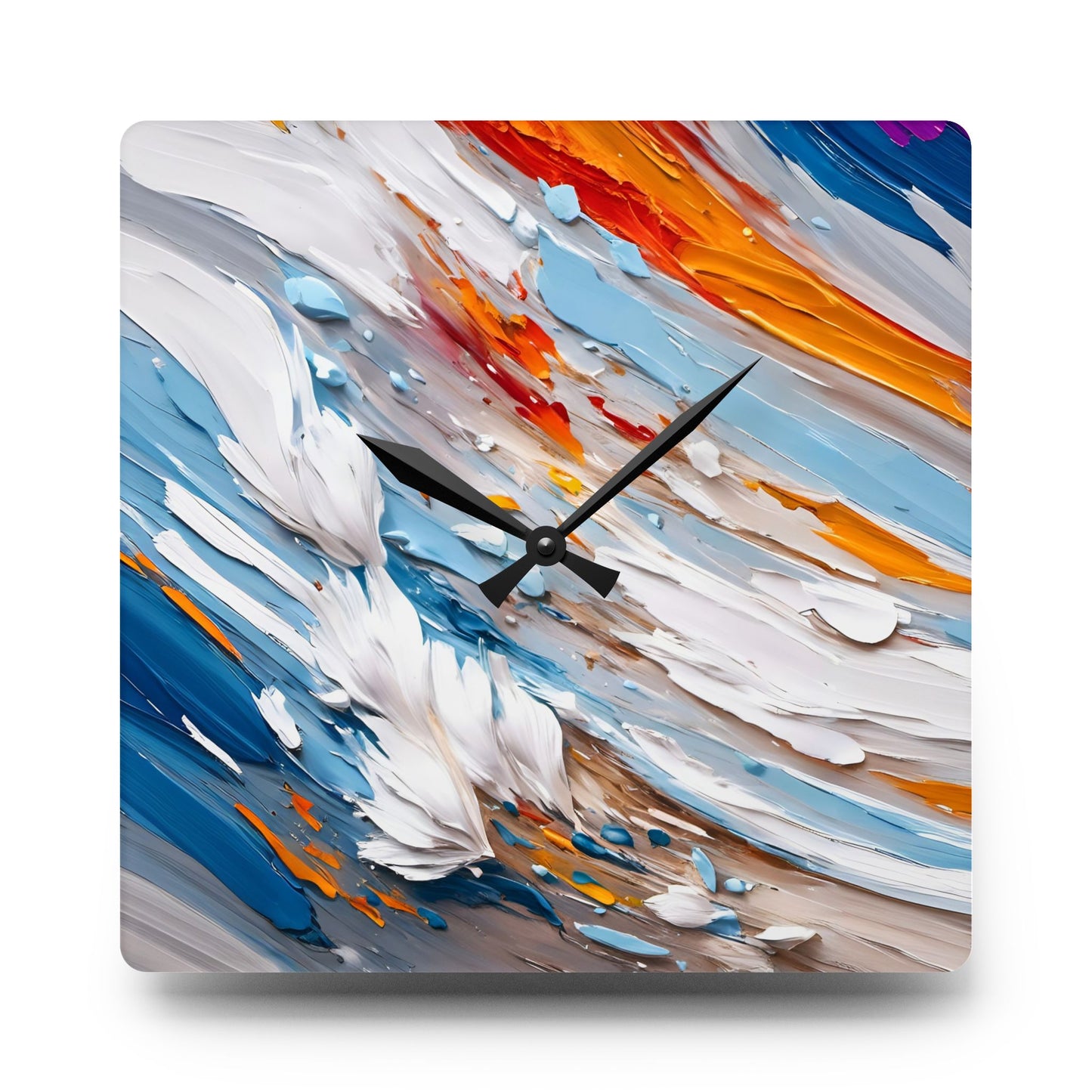 Abstract Impasto Acrylic Wall Clock - White Aqua Orange Colors by Fairyhill Studio