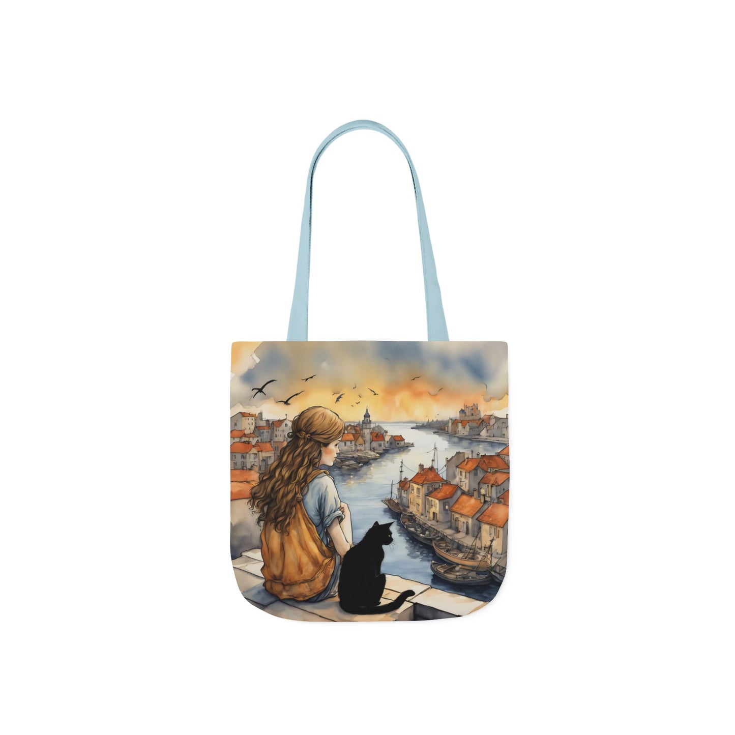 Girl with a Black cat on a roof top FairyHill Studio Red phone- Canvas Tote Bag - Perfect for Beach Days, Eco-Friendly Shopping, and Summer Fun!