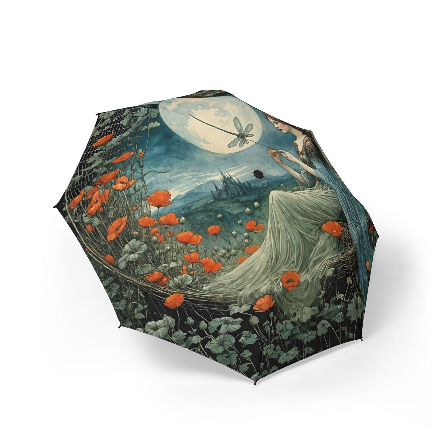 Galaxy Umbrella Girl with moon and Dragonfly Fairyhill studio art Semi-Automatic Foldable