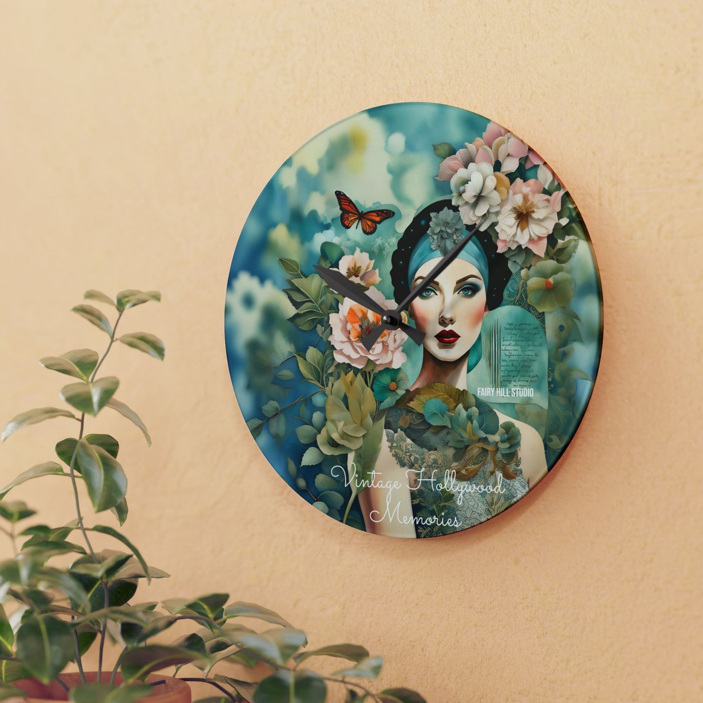 Acrylic Wall Clock - Vintage Hollywood Beauty Collage Art Style with Flowers