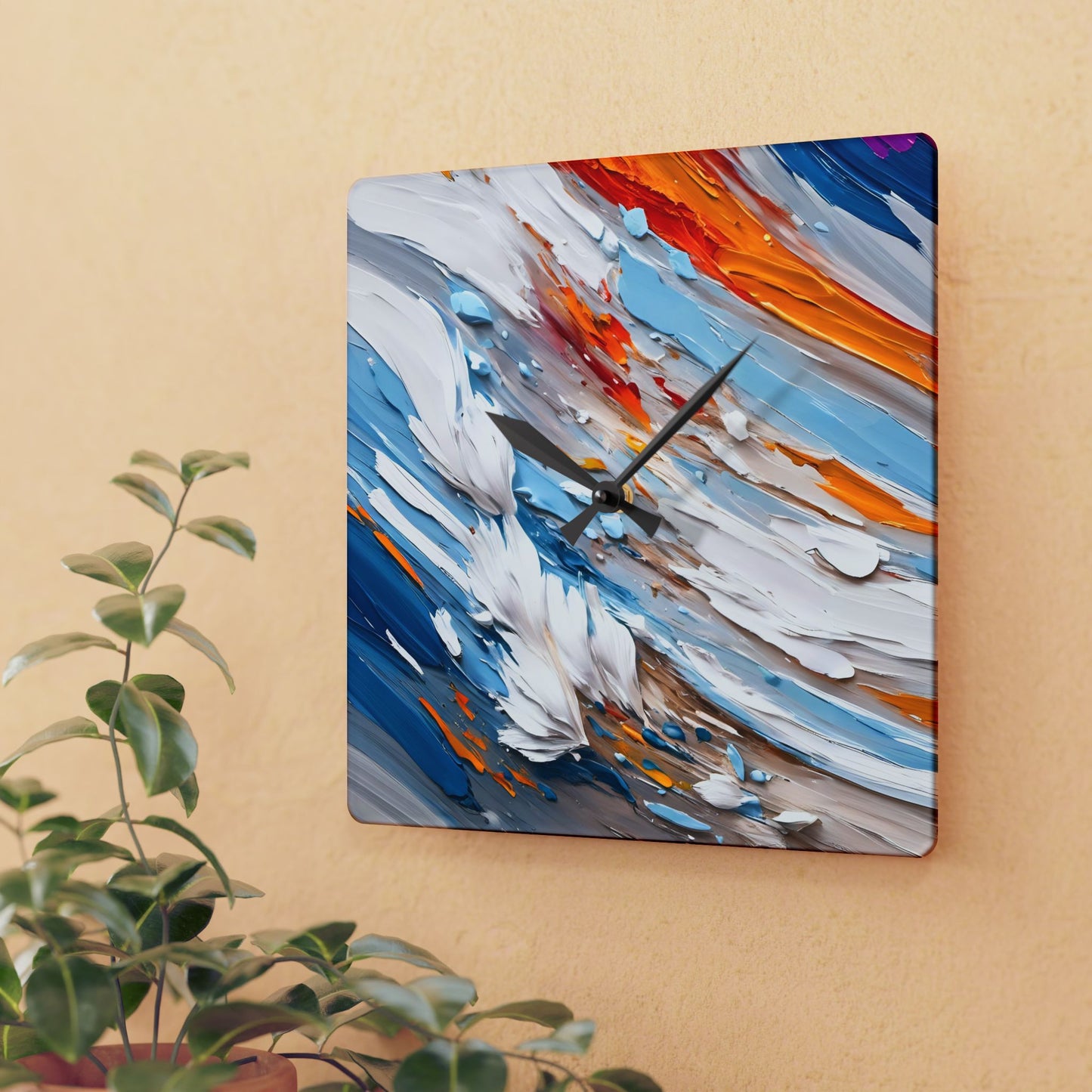 Abstract Impasto Acrylic Wall Clock - White Aqua Orange Colors by Fairyhill Studio