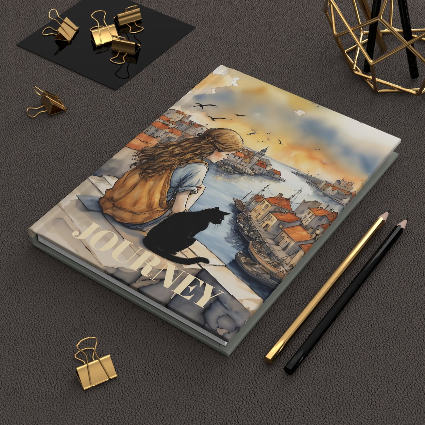 Girl with a Black Cat on a roof top hard cover Journal hard Cover ,Notebook gift art Matte