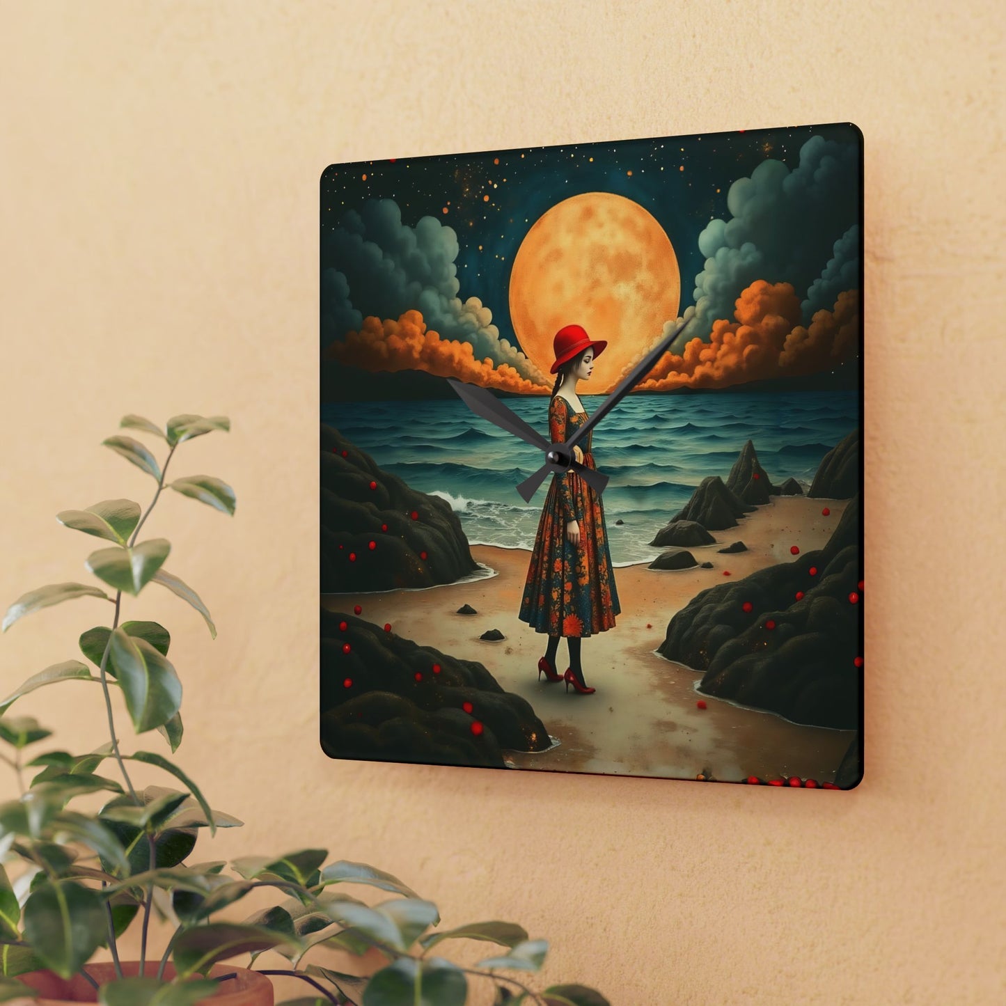Moon girl with red hat Wall clock Gift Acrylic Wall Clock
