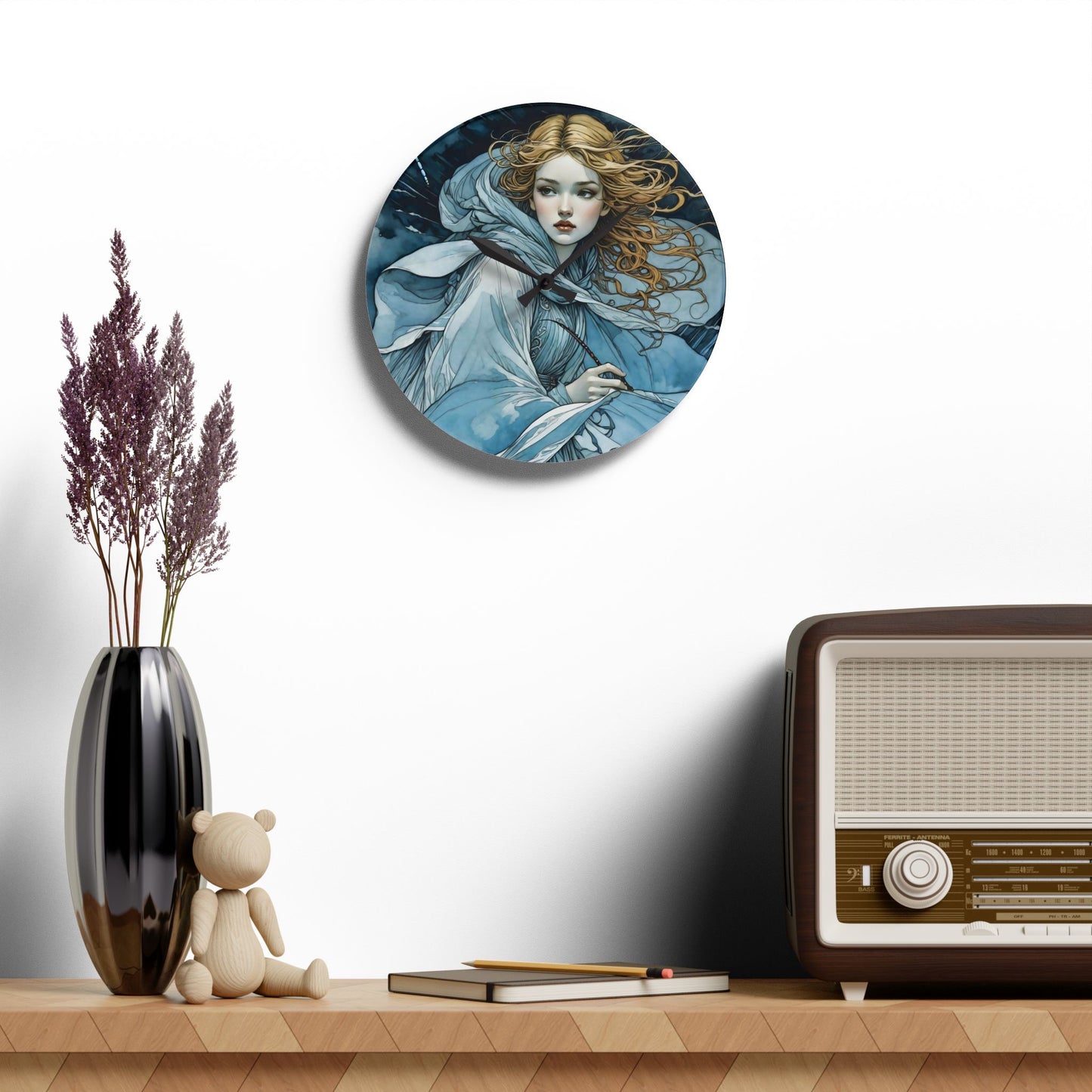 Acrylic Wall Clock Blue fairy with a dragonfly art by Fairyhill studio