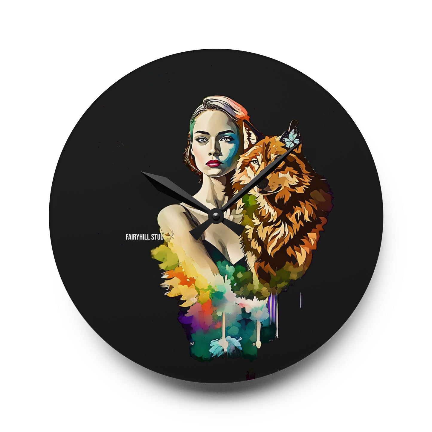 Acrylic Wall Clock -Girl with Spirit Animal Wolf/Art
