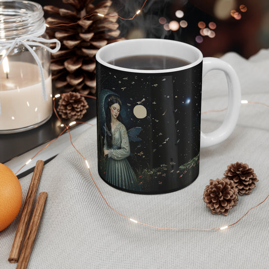 Mug 11oz Woman in Moonlight Night Garden with Butterflies Art by Fairyhill Studio