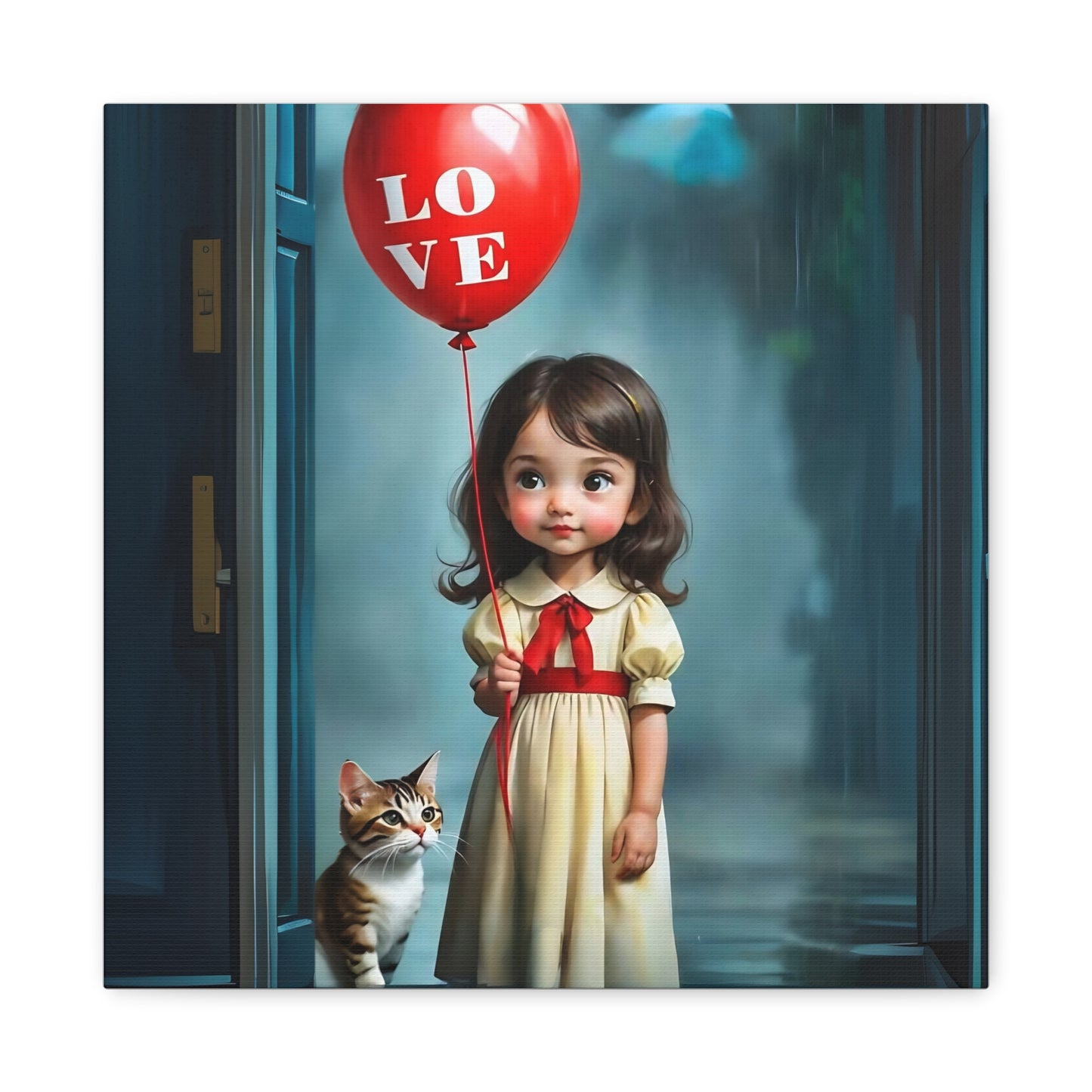 Canvas Print - Cute Girl with Red Love Balloon and Cat Art by Fairyhill Studio