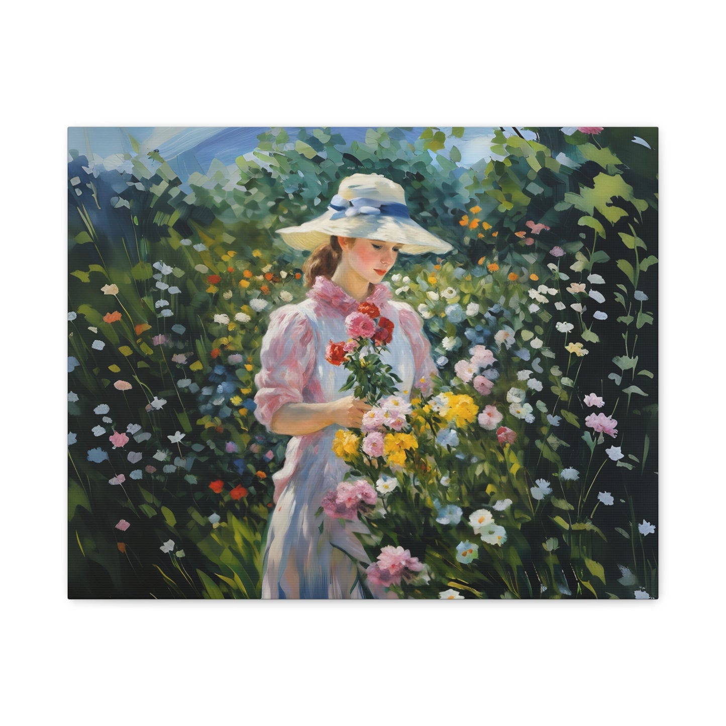 Canvas Art - Monet Style Floral Serenity with Elegant Woman and Flower Basket, Stretched Matte 1 25"