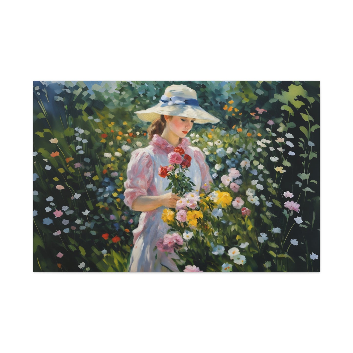 Canvas Art - Monet Style Floral Serenity with Elegant Woman and Flower Basket, Stretched Matte 1 25"