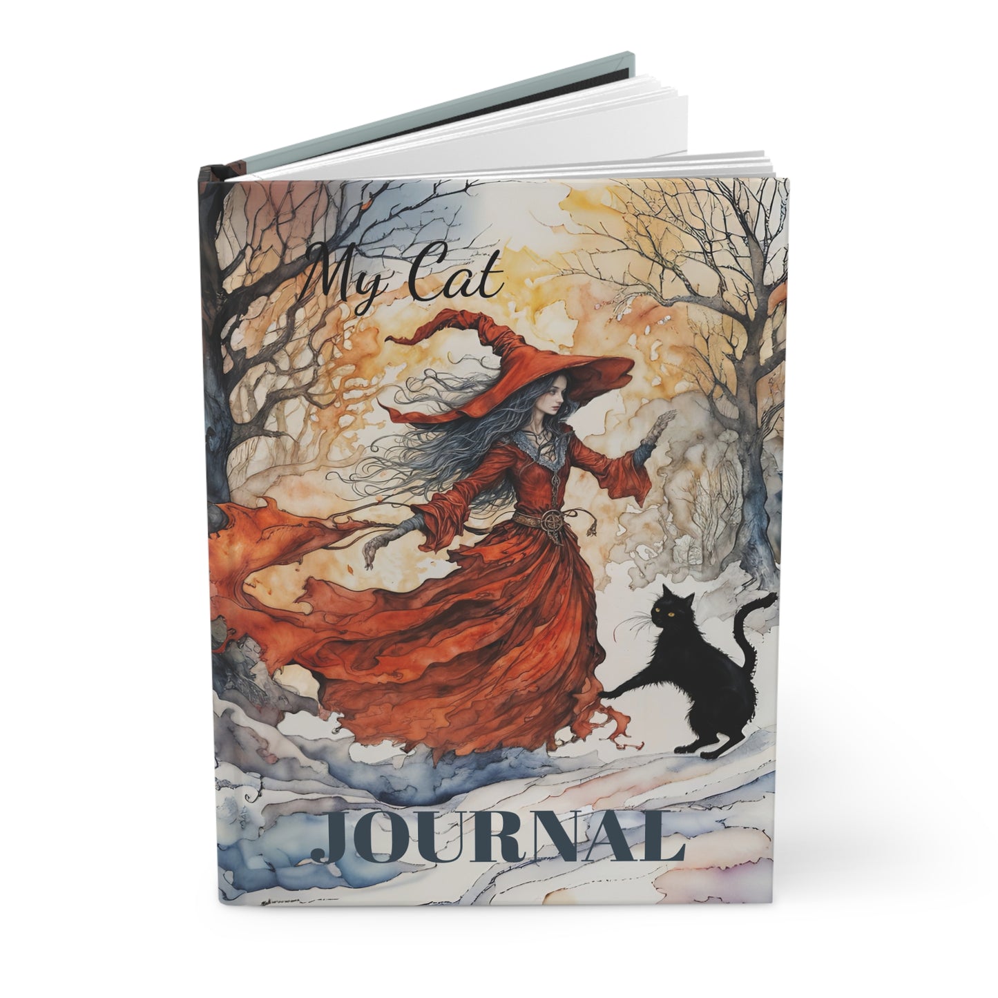 Crimson Witch Girl with black cat   Mindfulness  Art Journal  Hardcover