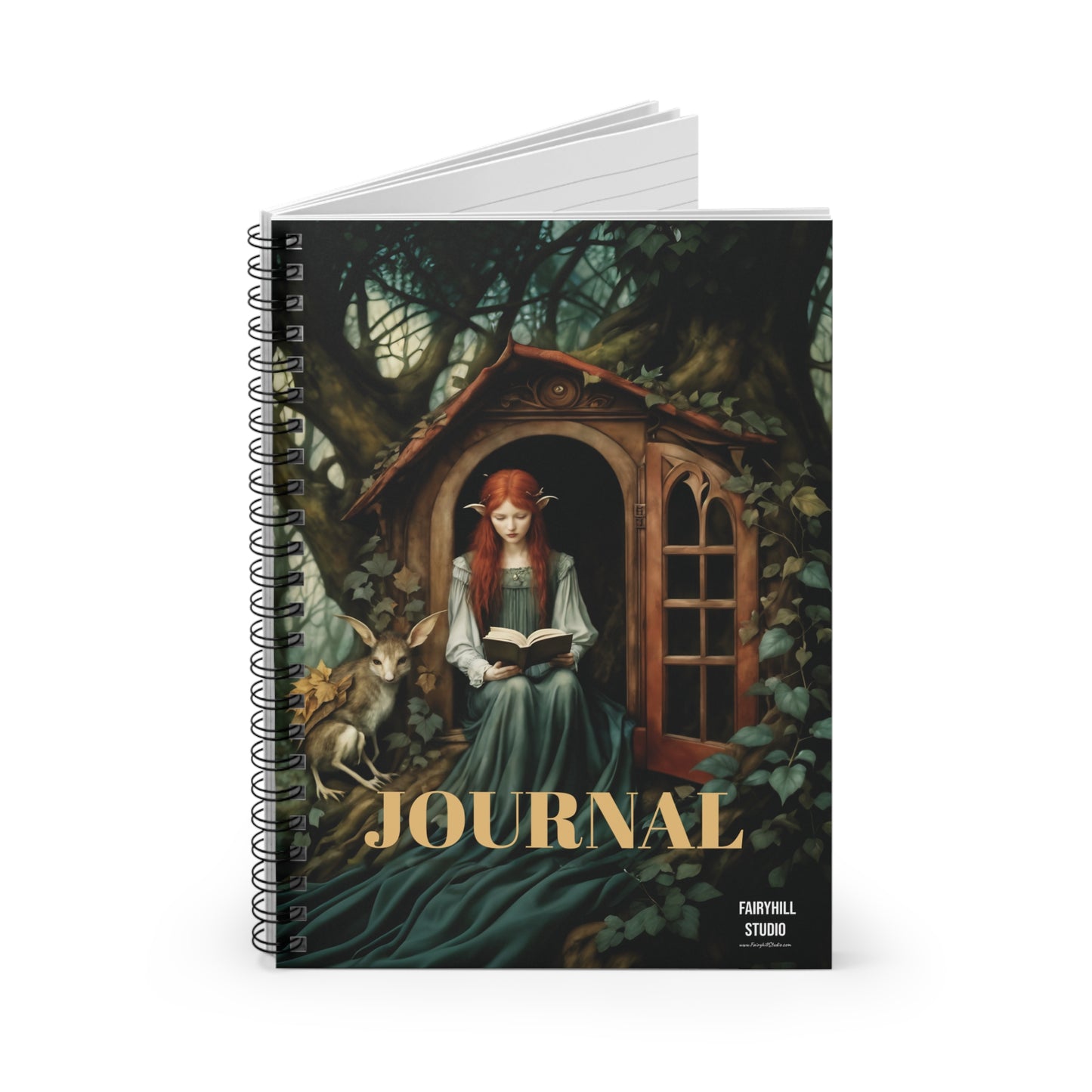 Journal Notebook Gift for Her - Elvin with Long Red Hair in Front of a Tree House