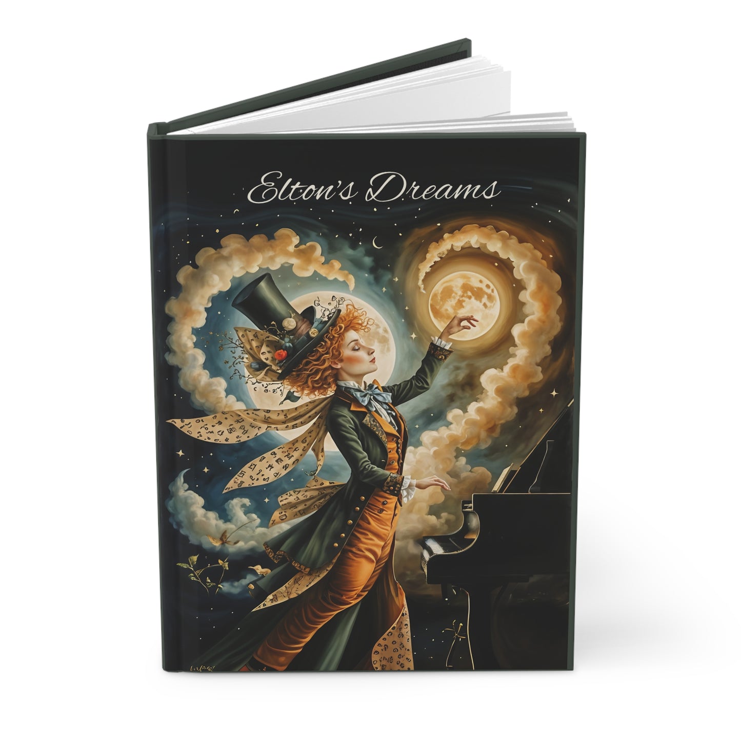 Custom gift Whimsical Hardcover memoir, Pianist,musical moon Mad HatterJournal Matte