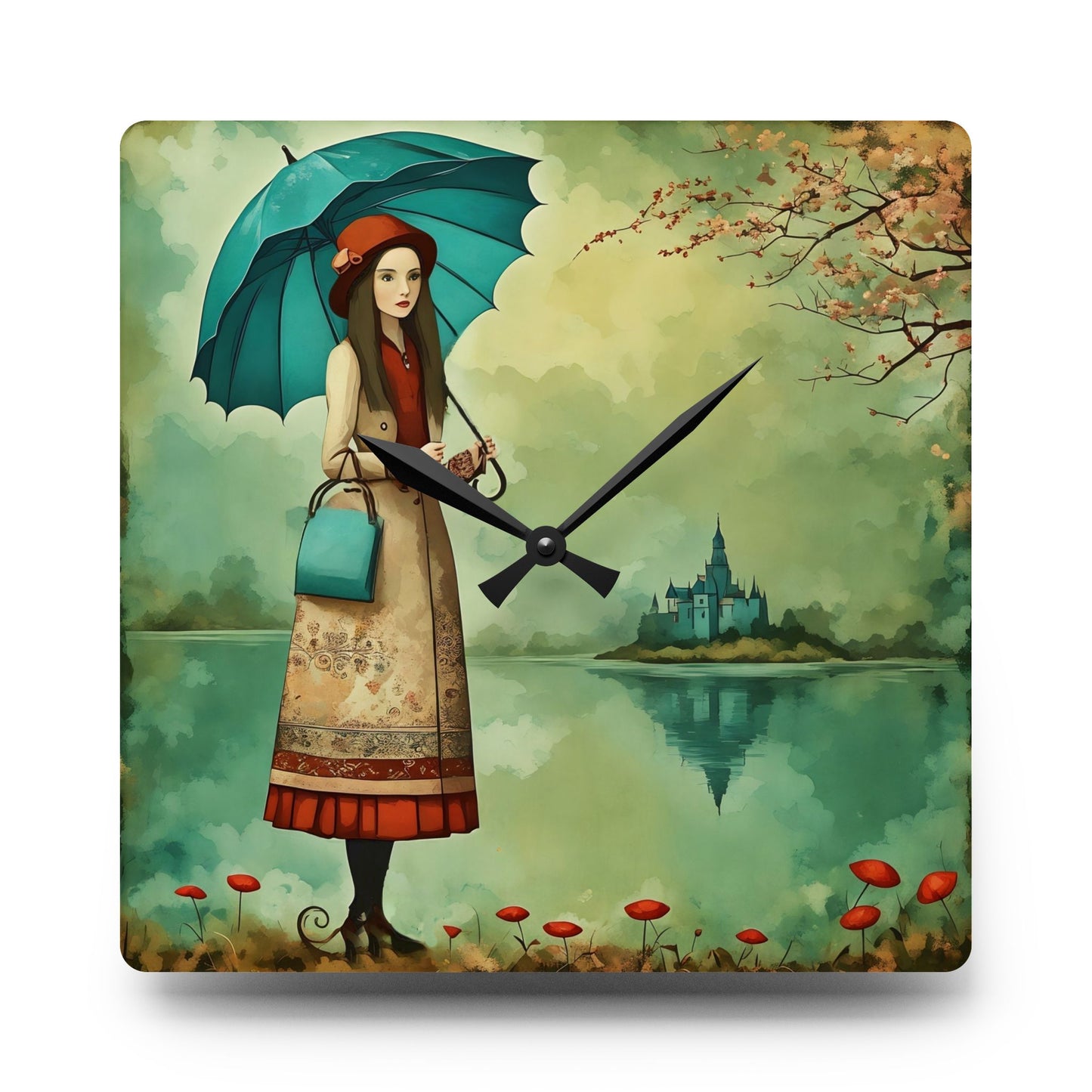 Wall Clock Personalized Journal - Gift Notebook Girl with Umbrella Art by Fairyhill Studio