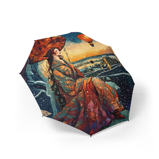 Galaxy Umbrella A Beautiful Girl watcing over city under snow  Fairyhill studio  art Semi-Automatic Foldable