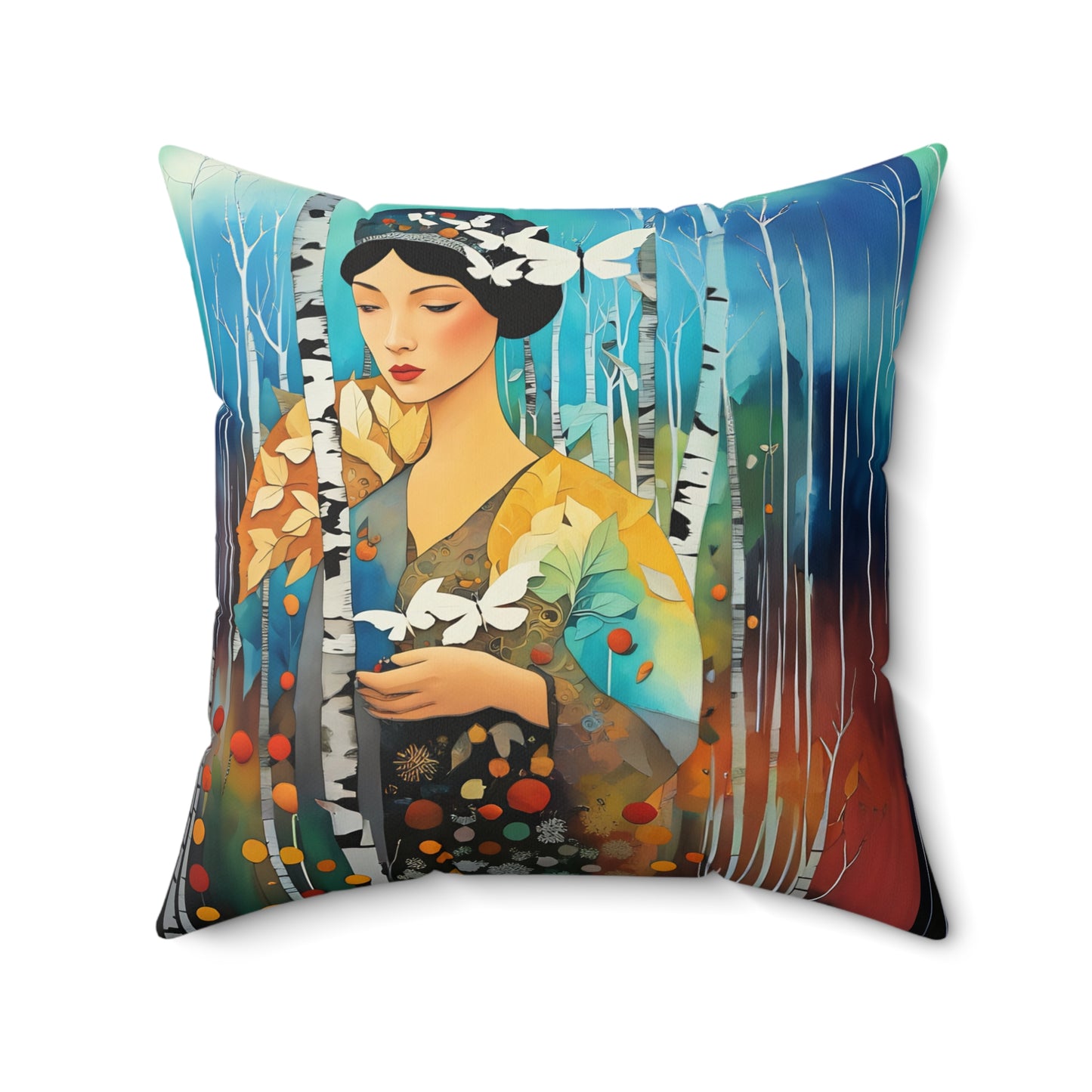 Pillow - Girl in Birch Forest with White Butterflies by Fairyhill Studio