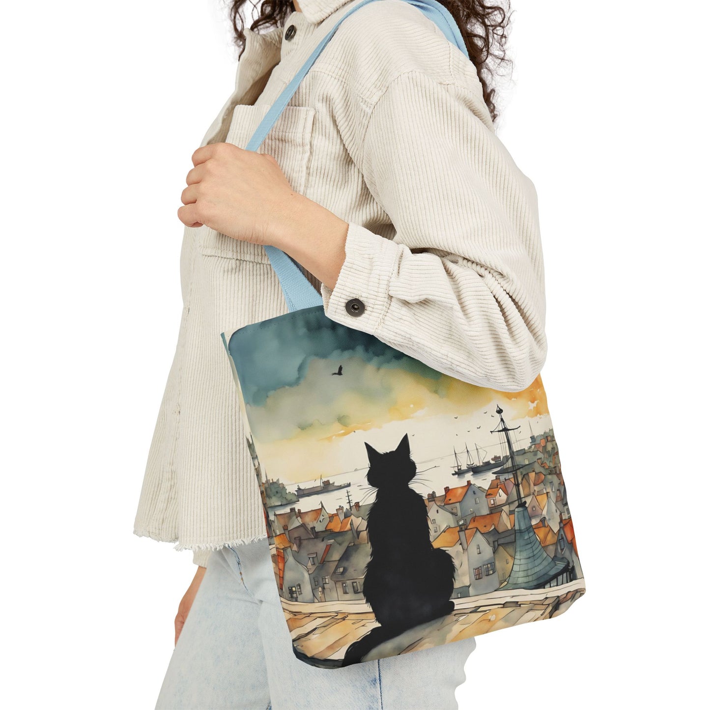 Black cat on a roof top FairyHill Studio Red phone- Canvas Tote Bag - Perfect for Beach Days, Eco-Friendly Shopping, and Summer Fun!