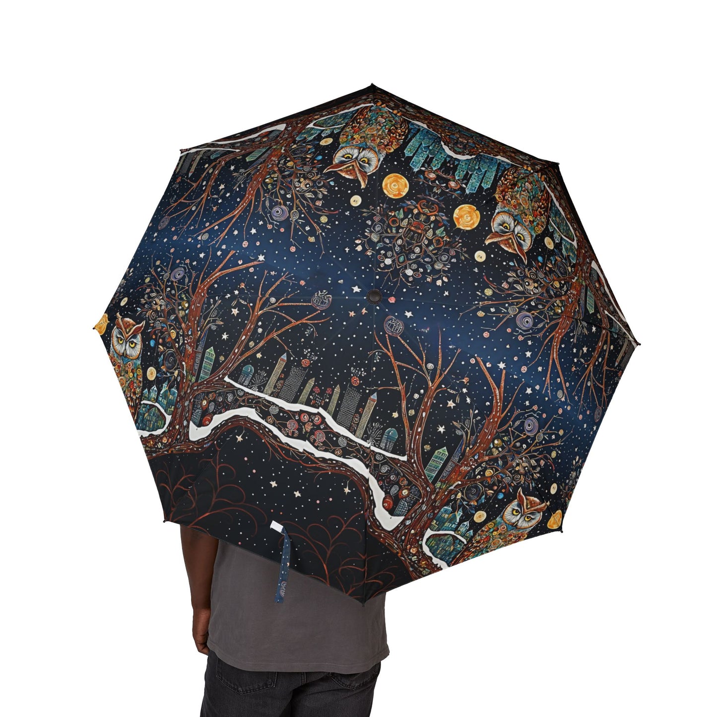 Night Owl Design Semi-Automatic Foldable Umbrella, Unique Rain Gear, Gift for Nature Lovers, Stylish Outdoor Accessory, Floral Print
