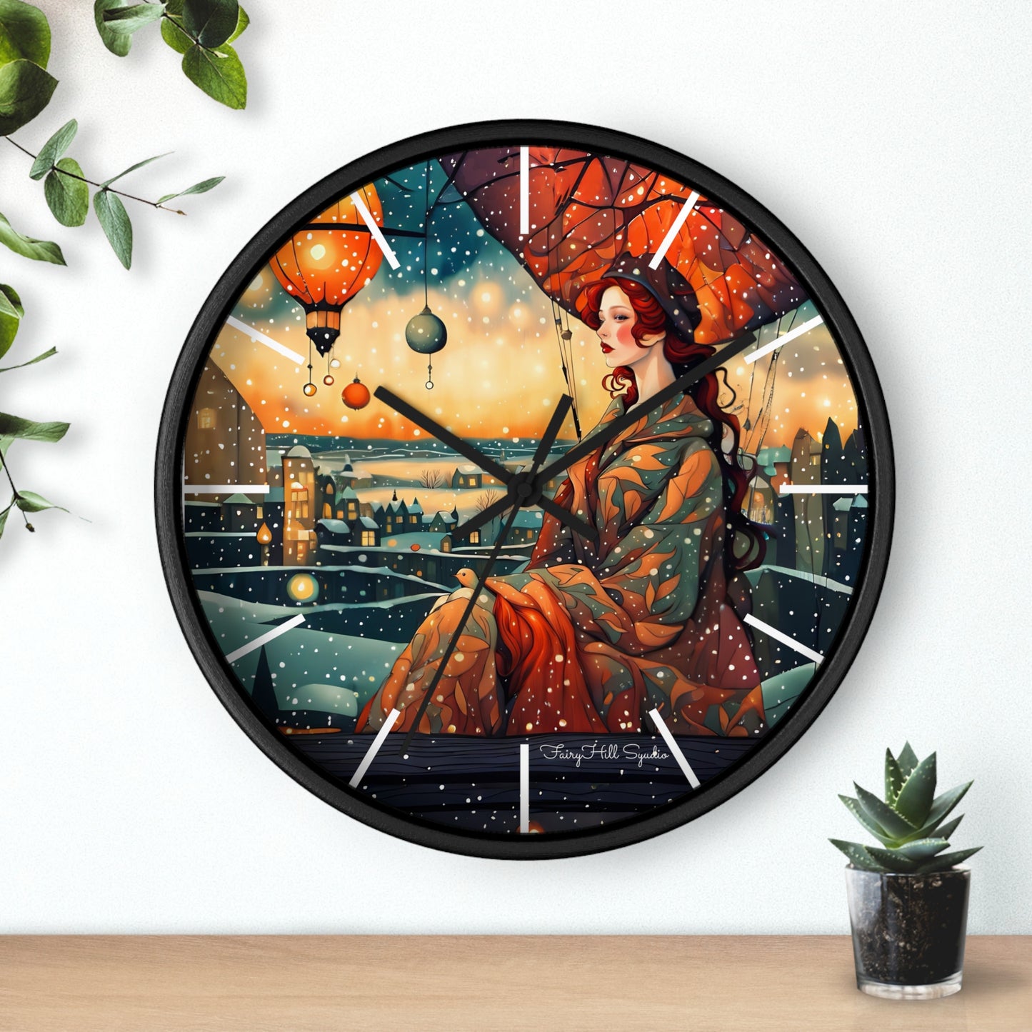 Whimsical City snow Wall Clock, Boho Home Decor, Cat Lover Gift, Cozy Living Room Accessory, Unique Cat Artwork