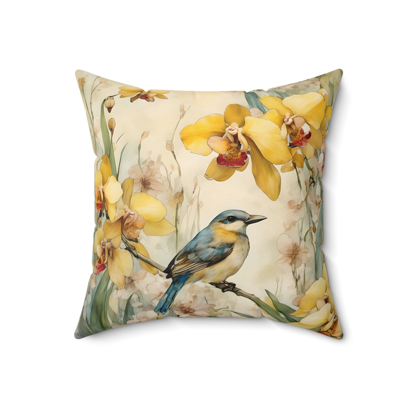 Square Pillow - Yellow Bird Sitting on a Bush - Pastel Tones - Fairyhill Studio Art