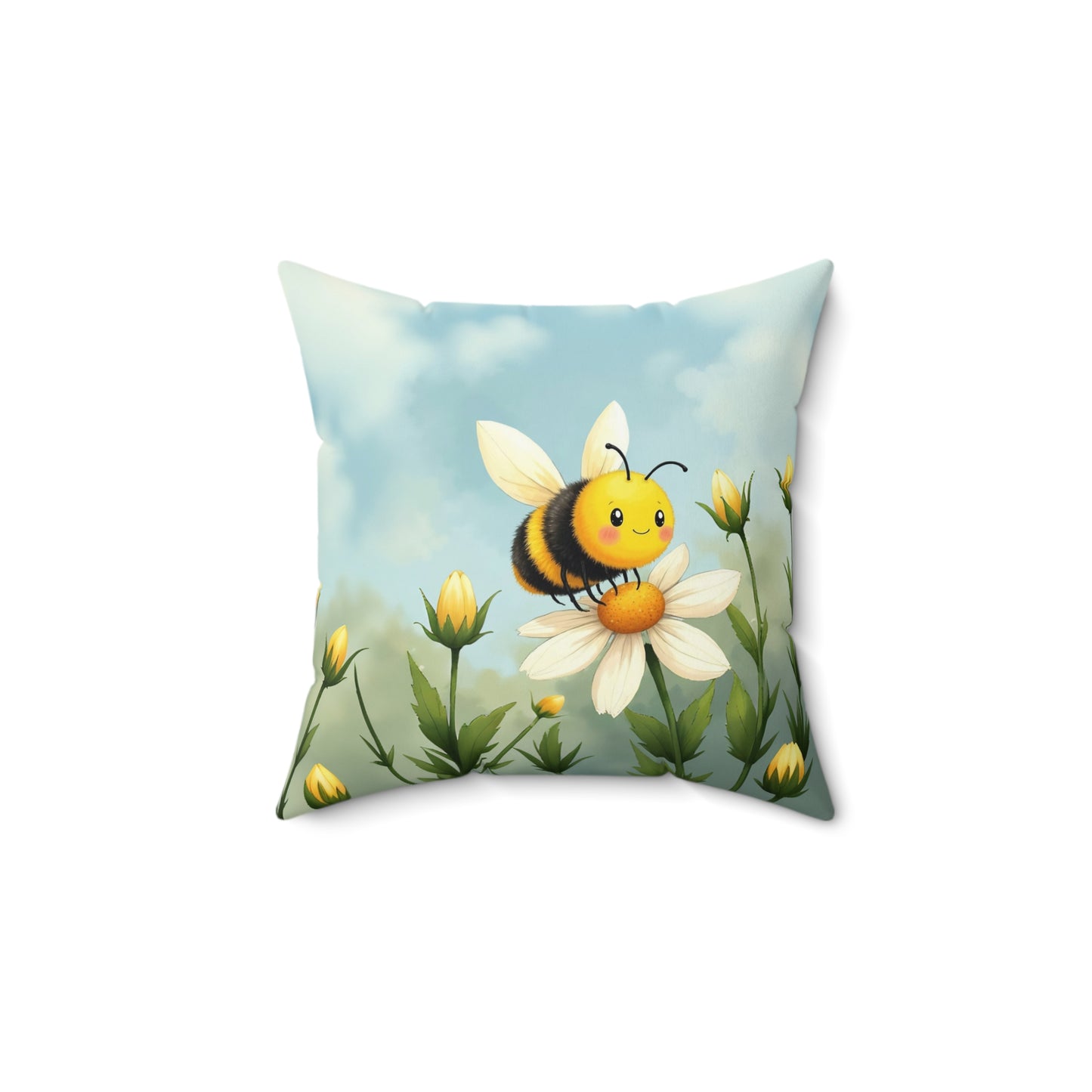 Square Pillow - Cute Honey Bee in Flower Garden by Fairyhill Studio