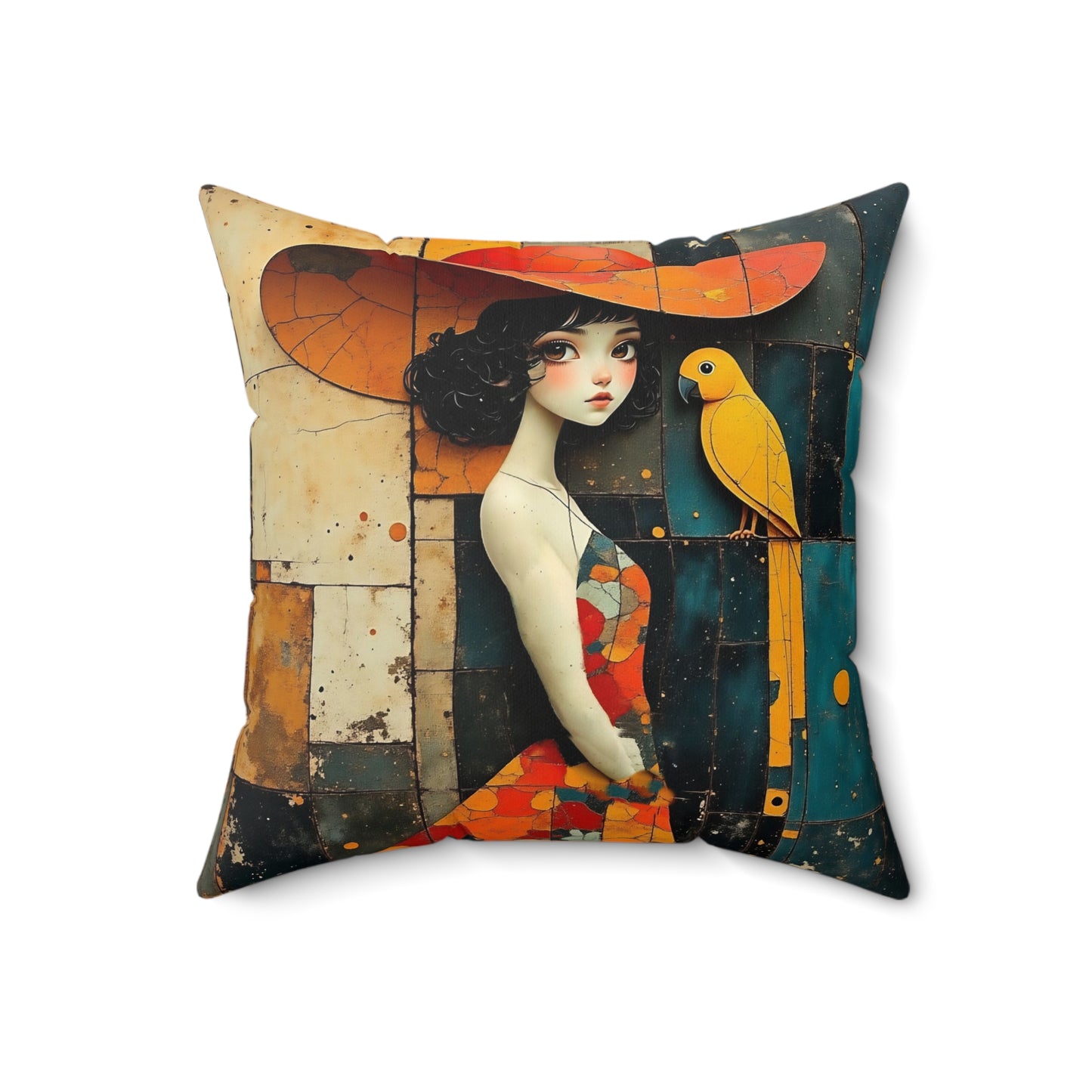 Girl with a yellow parrot Square Pillow - by Fairyhill Studio
