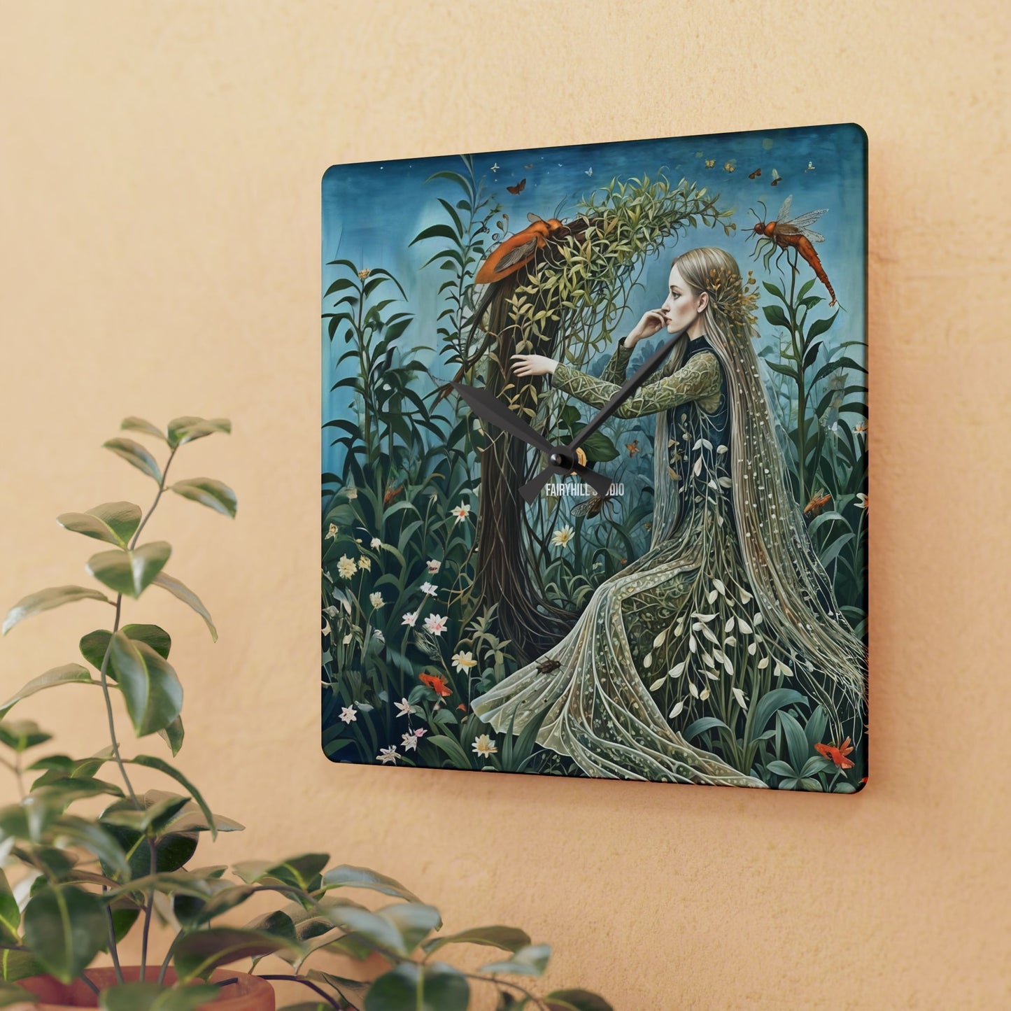 Acrylic Wall Clock - Botanical garden and creatures Art