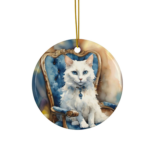 Ceramic Ornaments - White Cat on Blue Chair - 2-Side Print - Holiday Decor