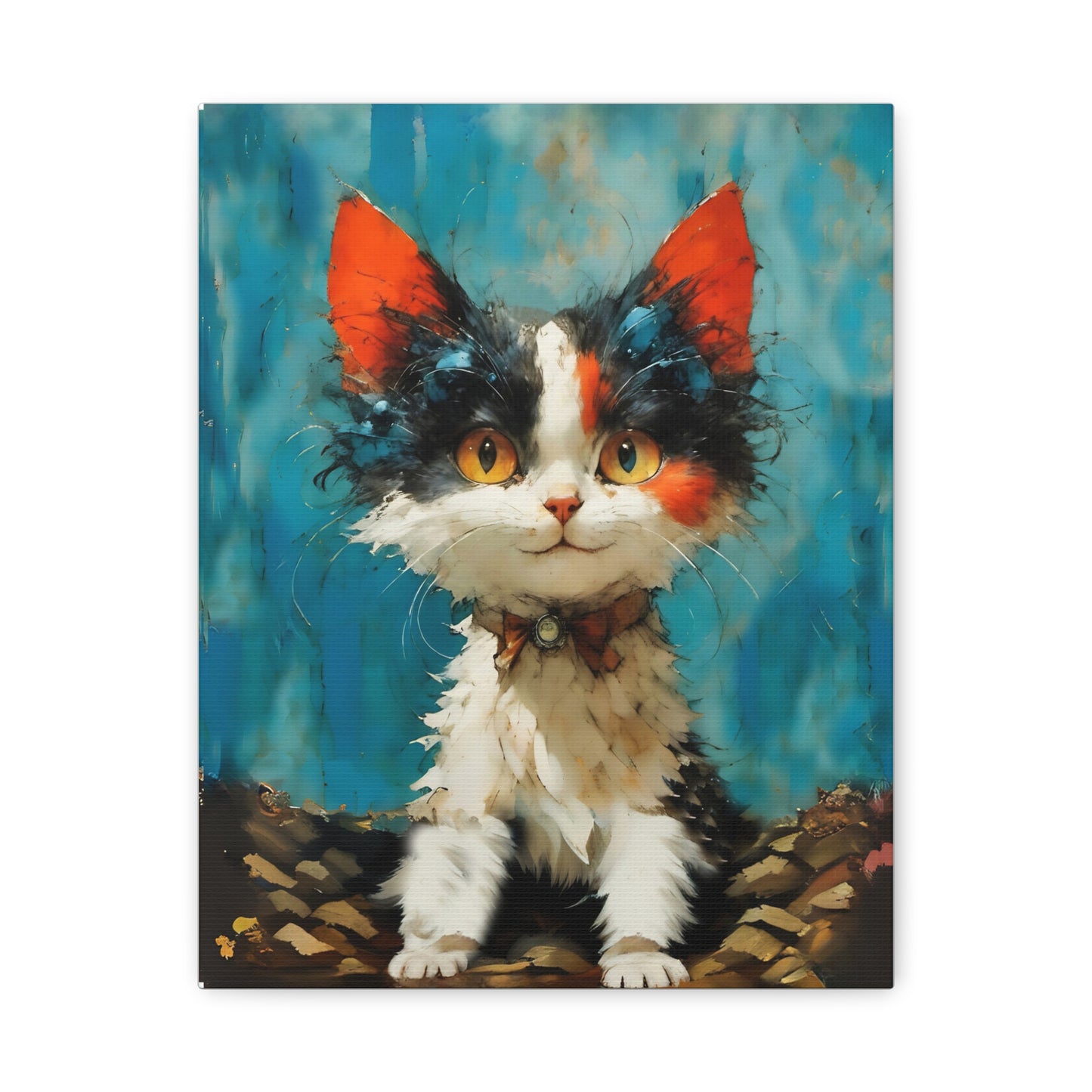 Whimsical cute Cat in aqua and orange colors Canvas Art  by FairyHill Studio