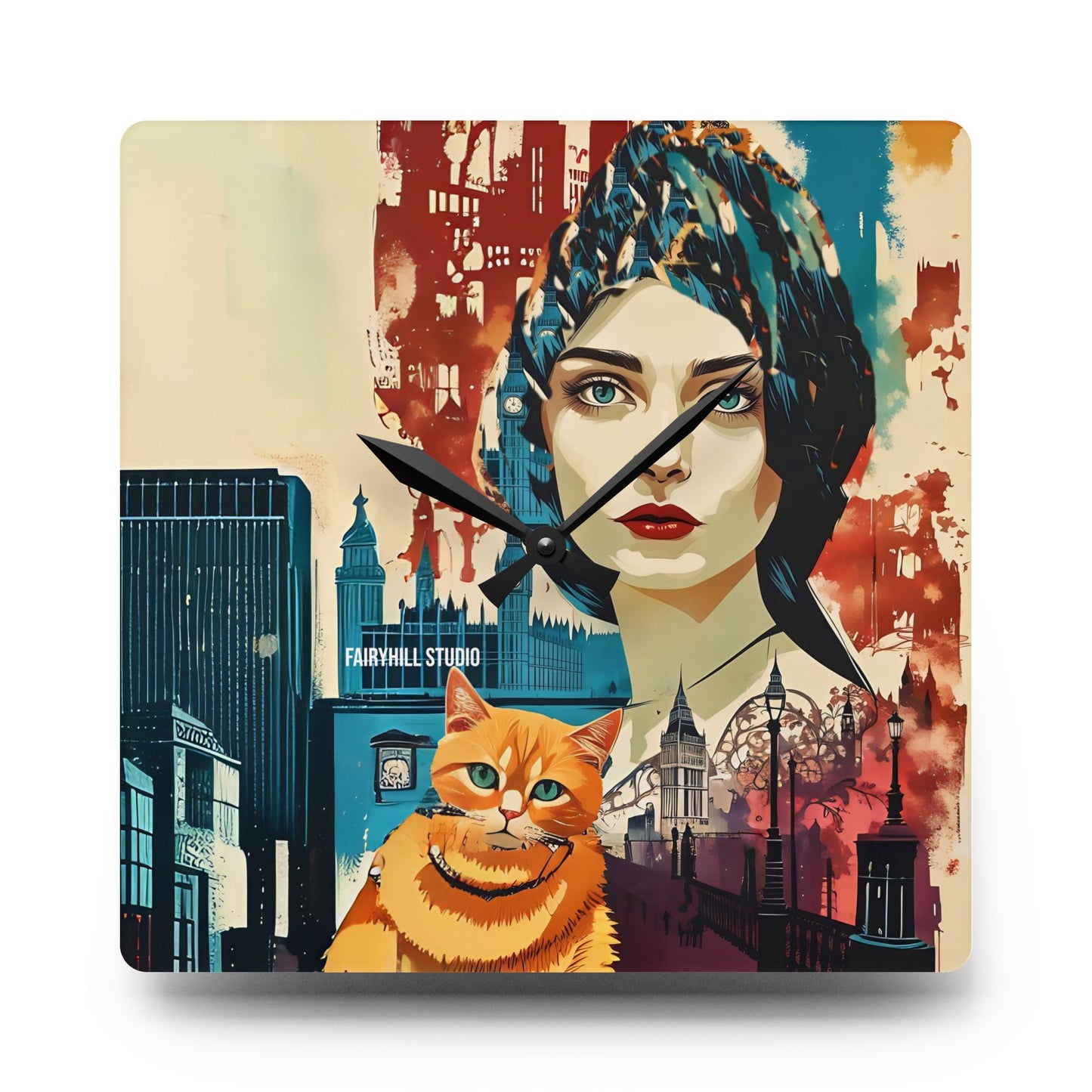 Acrylic Wall Clock -Model with a Yellow cat in London /Art