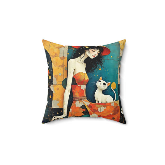 Witch with white  cat  Square Pillow - by Fairyhill Studio