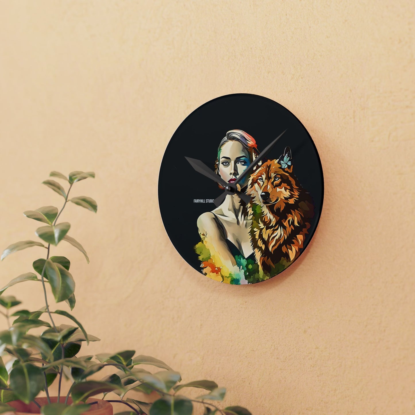 Acrylic Wall Clock -Girl withSpirit Animal Wolf/Art